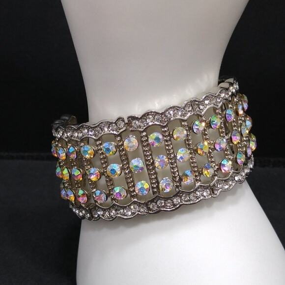 Aurora Borealis Rhinestone Cuff Bracelet, Silver Tone Stretch Metal Wide, 6 1/2" - Picture 4 of 8